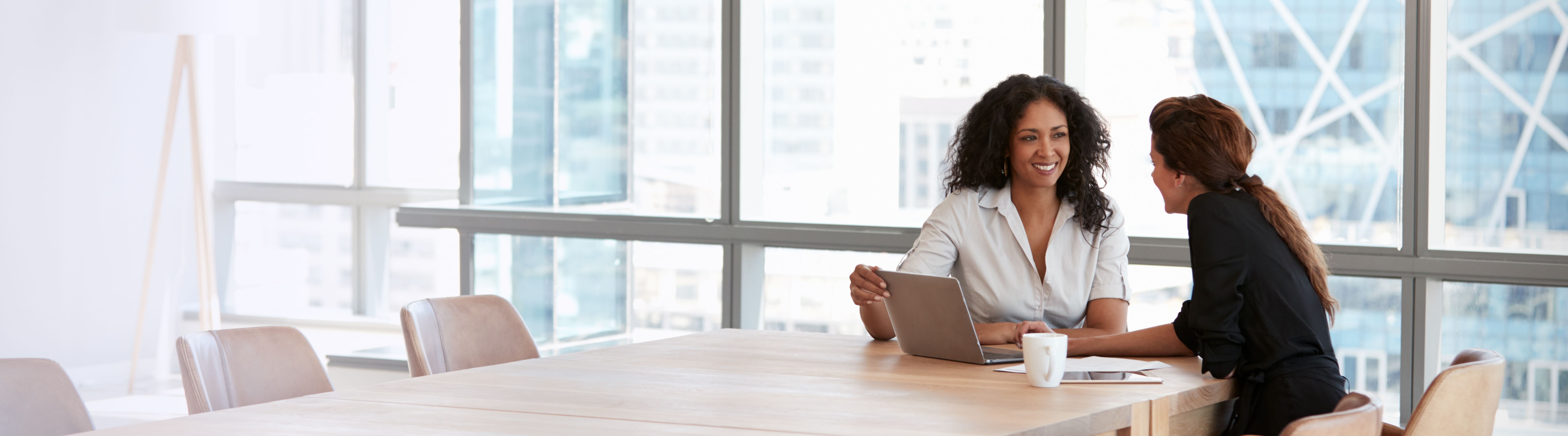 Two professionals speaking at a table Two professionals speaking at a table