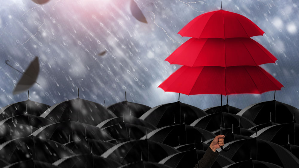 red umbrellas in the rain