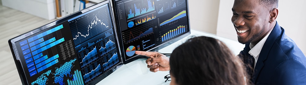 Two consultants looking at data together on 2 monitors