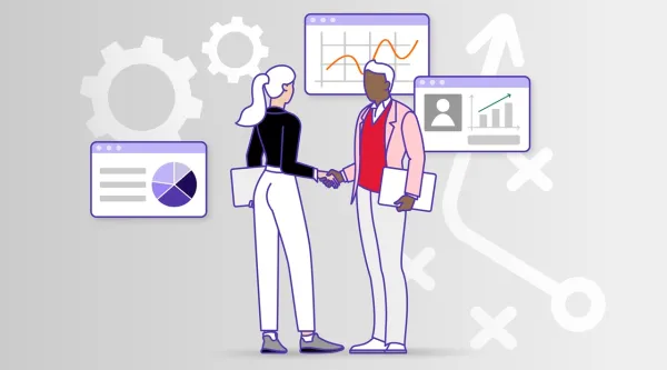 illustration of colleagues discussing numbers