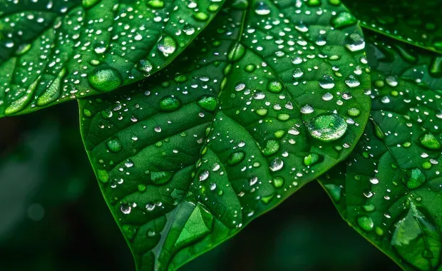 three green leaves with dew representing digital triplet concept