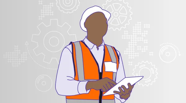 Illustration of an engineer wearing a hardhat holding a tablet