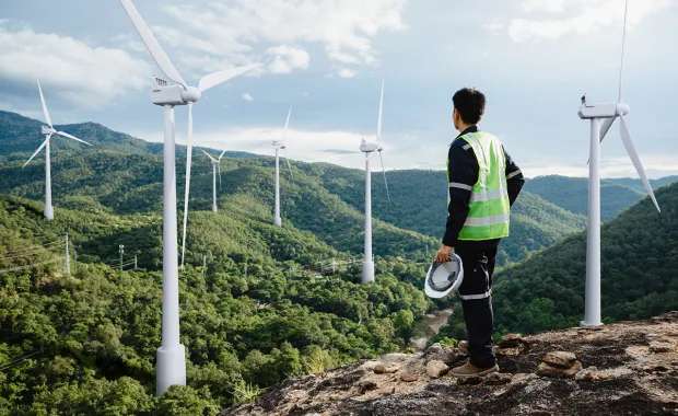 Engineer on mount top watching wind mills