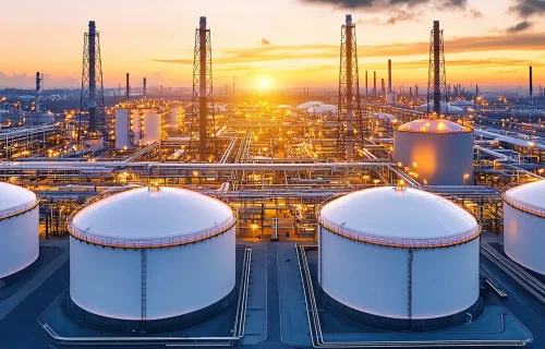 Large industrial oil and gas refinery at sunset with storage tanks and pipelines